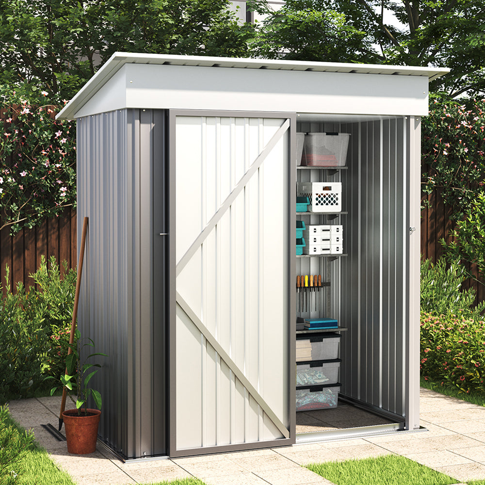 5x3ft grey outdoor metal storage shed with lockable door and sloped roof for weather-resistant garden storage